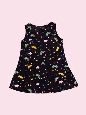 Rainbows And Unicorns Printed Black Sleeveless Frock