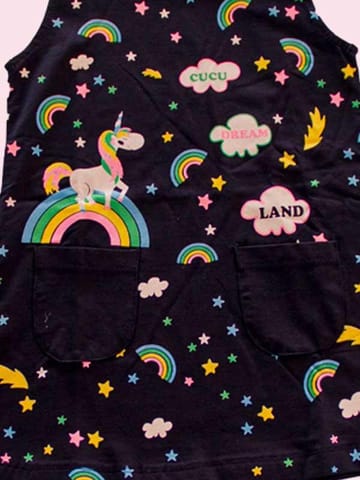 Rainbows And Unicorns Printed Black Sleeveless Frock