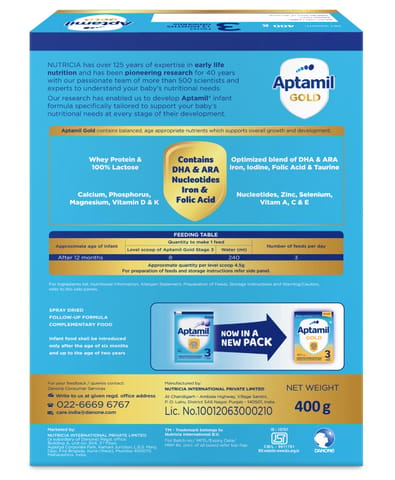 Aptamil Gold Follow Up Infant Formula Milk Powder for Babies - Stage 3 ( 12 month onwards ) - 400gm