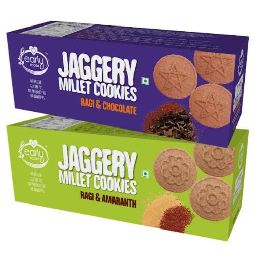 Early Foods Assorted Pack of 2 - Ragi Amaranth & Ragi Choco Jaggery Cookies X 2, 150g each