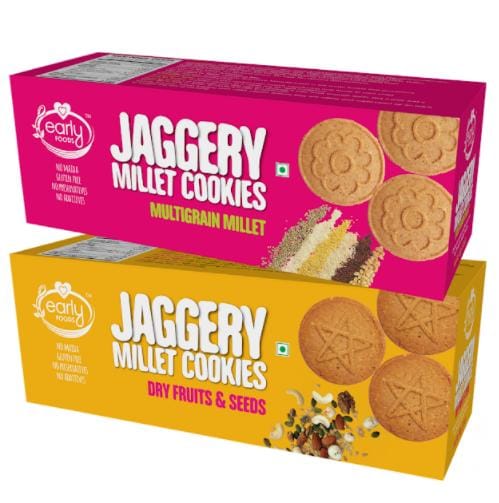 Early Foods Assorted Pack of 2 - Dry Fruit & Multigrain Millet Jaggery Cookies X 2, 150g each