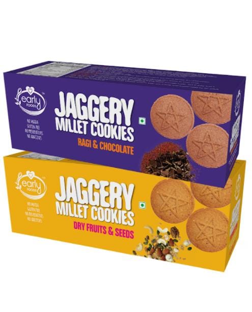 Early Foods Assorted Pack of 2 - Dry Fruit & Ragi Choco Jaggery Cookies X 2, 150g each
