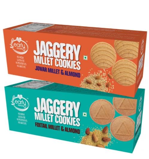 Early Foods Assorted Pack of 2 - Jowar & Foxtail Almond Jaggery Cookies X 2, 150g each