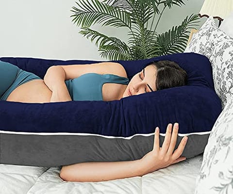 Mom's Moon Full Body Support Pregnancy Pillow/Maternity Breastfeeding Pillow for Pregnant Women Velvet U Shaped Reversible (Grey & Dark Blue)