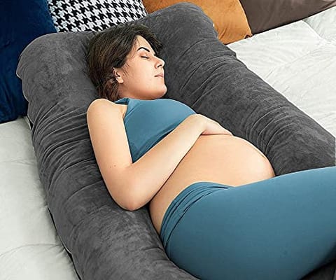 Mom's Moon Full Body Support Pregnancy Pillow/Maternity Breastfeeding Pillow for Pregnant Women Velvet U Shaped Reversible (Grey & Dark Blue)