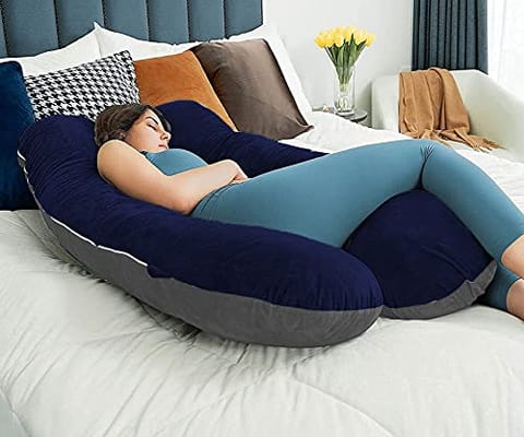 Mom's Moon Full Body Support Pregnancy Pillow/Maternity Breastfeeding Pillow for Pregnant Women Velvet U Shaped Reversible (Grey & Dark Blue)