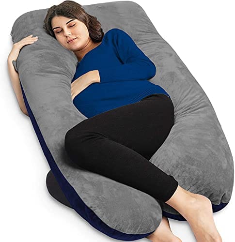 Mom's Moon Full Body Support Pregnancy Pillow/Maternity Breastfeeding Pillow for Pregnant Women Velvet U Shaped Reversible (Grey & Dark Blue)