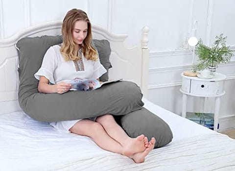 Mom's Moon Ultra Soft U Shaped Pregnancy Body Pillow/Maternity Pillow for Pregnant Women with Cotton Zippered Cover- Grey