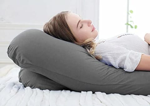 Mom's Moon Ultra Soft U Shaped Pregnancy Body Pillow/Maternity Pillow for Pregnant Women with Cotton Zippered Cover- Grey