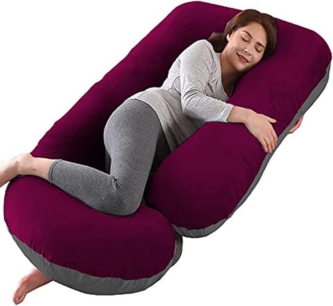 Mom's Moon Full Body Support Pregnancy Pillow/Maternity Breastfeeding Pillow for Pregnant Women Velvet J Shaped Reversible (Wine & Grey)