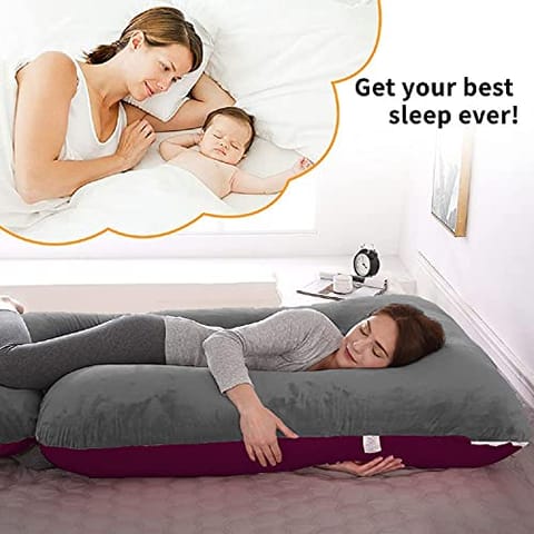 Mom's Moon Full Body Support Pregnancy Pillow/Maternity Breastfeeding Pillow for Pregnant Women Velvet J Shaped Reversible (Wine & Grey)