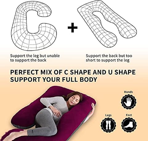 Mom's Moon Full Body Support Pregnancy Pillow/Maternity Breastfeeding Pillow for Pregnant Women Velvet J Shaped Reversible (Wine & Grey)
