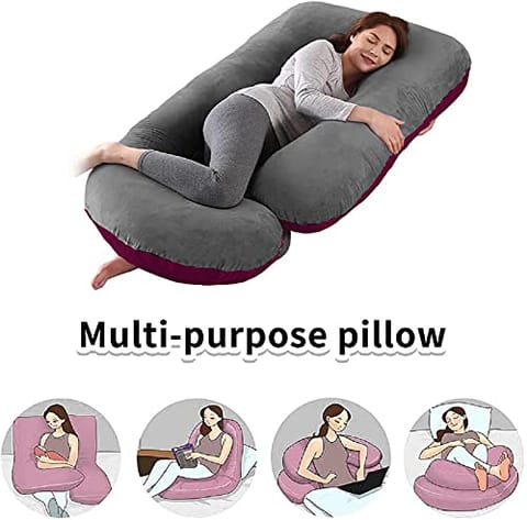 Mom's Moon Full Body Support Pregnancy Pillow/Maternity Breastfeeding Pillow for Pregnant Women Velvet J Shaped Reversible (Wine & Grey)