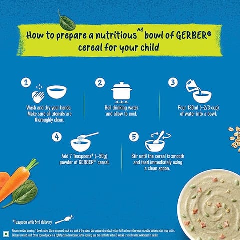 Gerber Cereals with Power blend - Spinach & Carrot Cereals For Kid (2-6 Years Old) - 300g