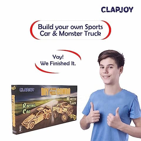 Clapjoy 3D Wooden Puzzle Monster Truck and Racing Car Combo for kids of age 6 years and Above