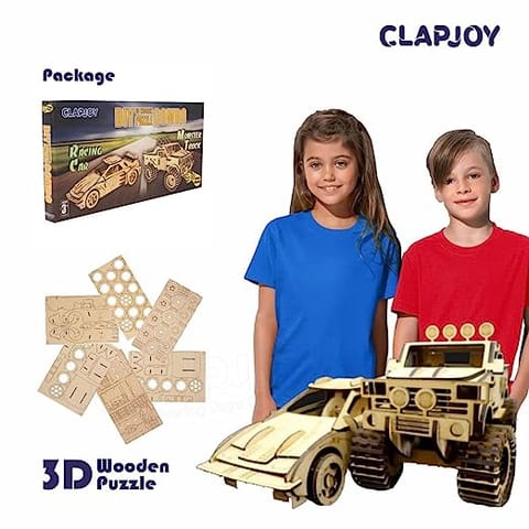 Clapjoy 3D Wooden Puzzle Monster Truck and Racing Car Combo for kids of age 6 years and Above