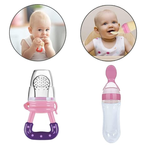 Safe O Kid Veggie Squeezy Spoon & Baby Food/ Fruit Nibbler for 0-24 Months (Pink/Pink)