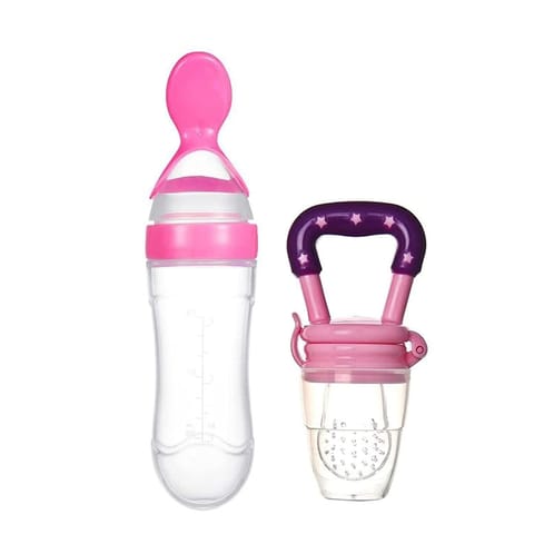Safe O Kid Veggie Squeezy Spoon & Baby Food/ Fruit Nibbler for 0-24 Months (Pink/Pink)