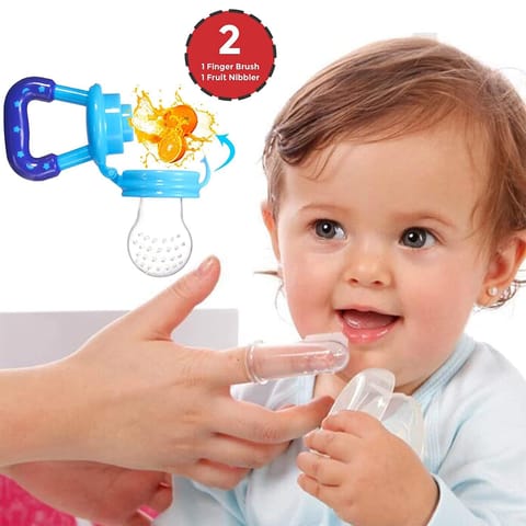 Safe O Kid 1 Fruit Nibbler & 1 Finger Brush for Kids, 0-24 Months, ( Blue/ Blue)
