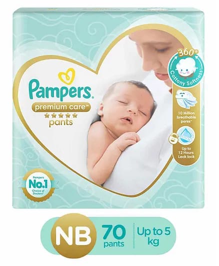 Pampers Premium Care Pants, New Born, baby diapers (NB), 70 count, Softest ever Pampers