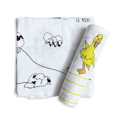 TinyLane 100% Organic Bamboo Cotton Muslin Baby Swaddle Wrappers Duck & Sheep Print Pack of 2- Multicolor