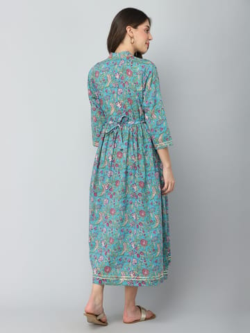 ZELENA 3/4th Sleeve Blue Floral Printed Rayon Maternity Dress
