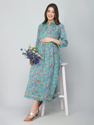 ZELENA 3/4th Sleeve Blue Floral Printed Rayon Maternity Dress