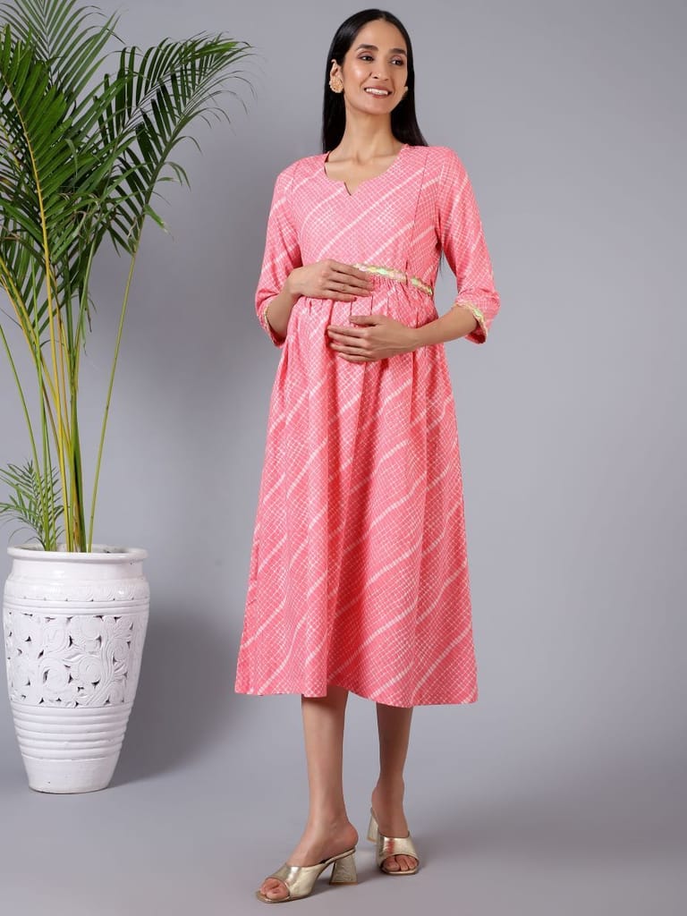 ZELENA 3/4th Sleeve Cotton Pink Maternity Dress with Pocket