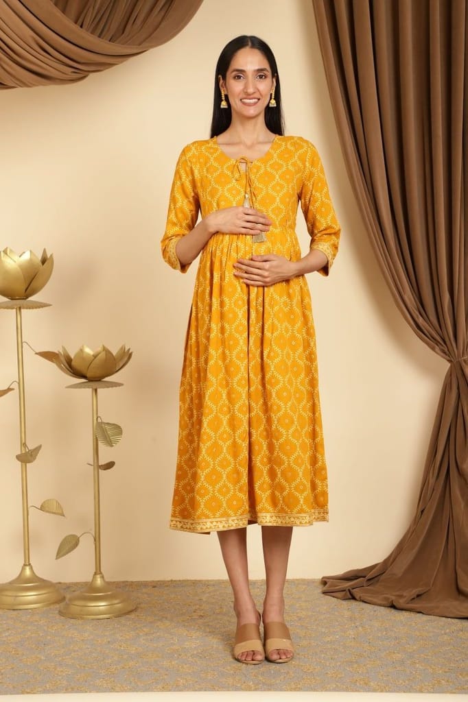 ZELENA 3/4th Sleeve Rayon Yellow Printed Maternity Dress with Pocket