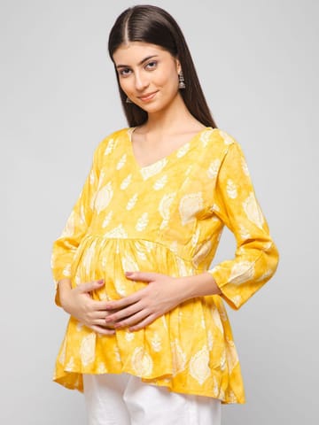 ZELENA 3/4th Sleeve Golden Yellow Printed Rayon Maternity Short Top