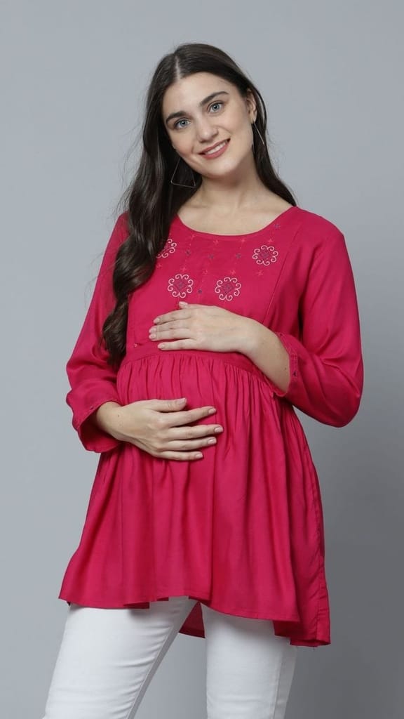 ZELENA 3/4th Sleeve Pink Rayon Maternity Western Long Top