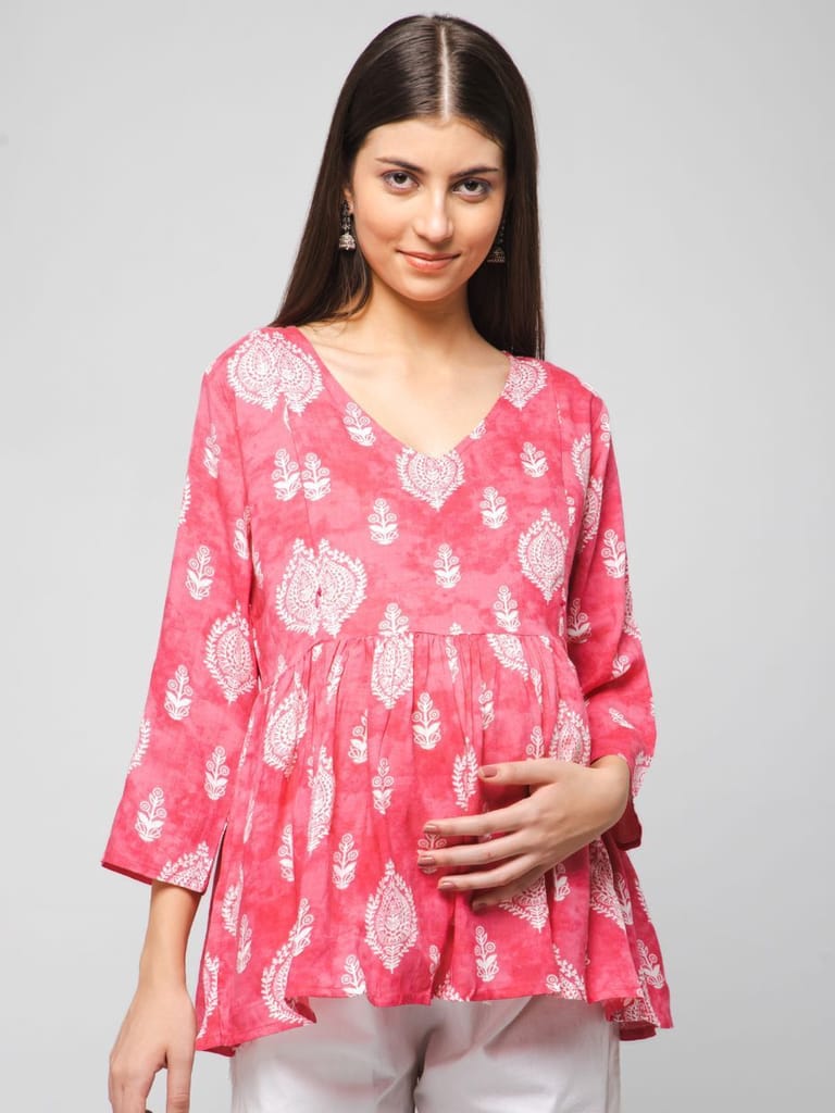 ZELENA Pink Printed Rayon Maternity Short Top with 3/4th Sleeves