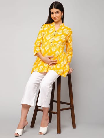 ZELENA 3/4th Sleeve Yellow Cotton Maternity Western Long Top