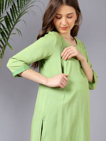 ZELENA 3/4th Sleeve Rayon Green Embelished Maternity Feeding Kurti