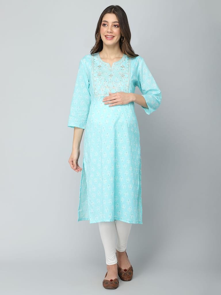 ZELENA 3/4th Sleeve Sky Blue with Gold Embroidery & Sequins Maternity Kurti