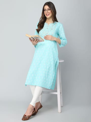 ZELENA 3/4th Sleeve Sky Blue with Gold Embroidery & Sequins Maternity Kurti