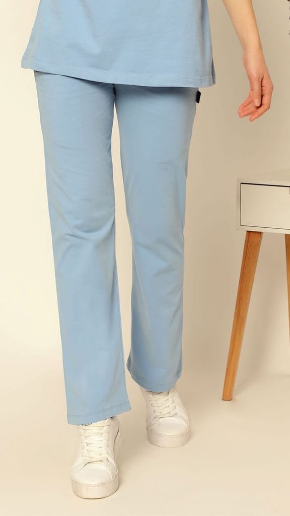 ZELENA Cotton 247 Mom Baby Blue High Waisted Trouser with Pockets