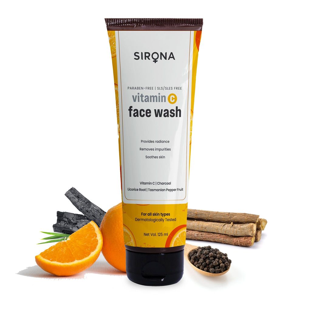 Sirona Vitamin C Face Wash for Men & Women 125 ml, Charcoal Licorice Root & Tasmanian Pepper Fruit