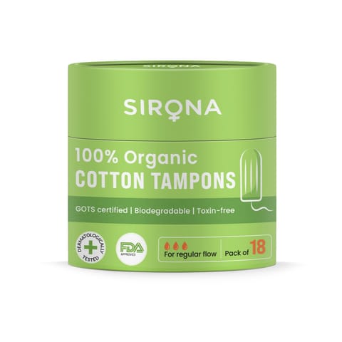 Sirona Regular Flow Organic Tampons Made With 100% Organic Cotton, Non-Applicator Tampons - 18 Pcs