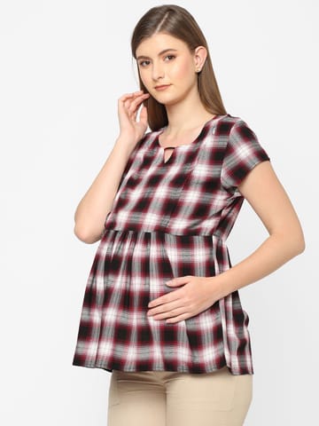 Mystere Paris Checkered Red Maternity Top