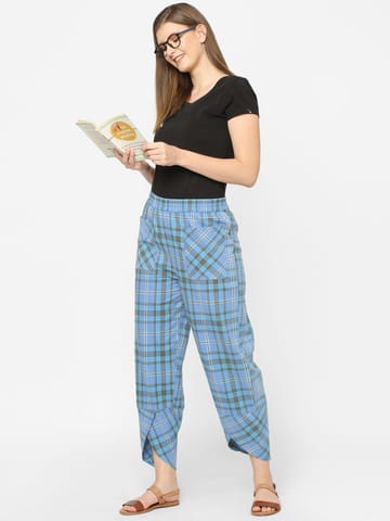 Mystere Paris Blue Cotton Checked Lounge Pants