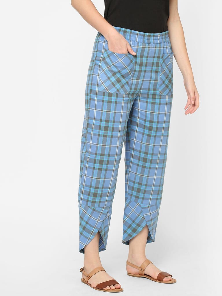Mystere Paris Blue Cotton Checked Lounge Pants