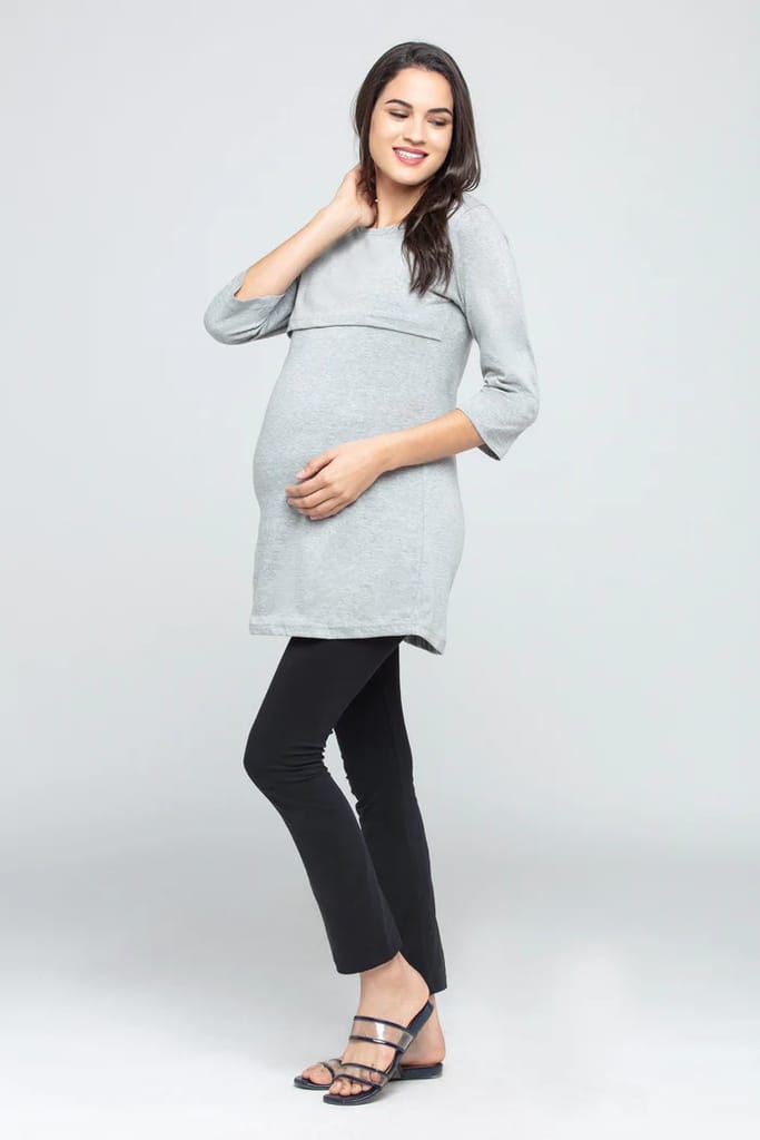 Charismomic Solid Grey Maternity/ Nursing Short Top