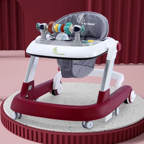 R for Rabbit Little Feet Walker - Detachable Toy Bar/Meal Tray With Music & Light, 2 Level Height/4 Level Seat Adjustment, Anti fall Brake Pads Red