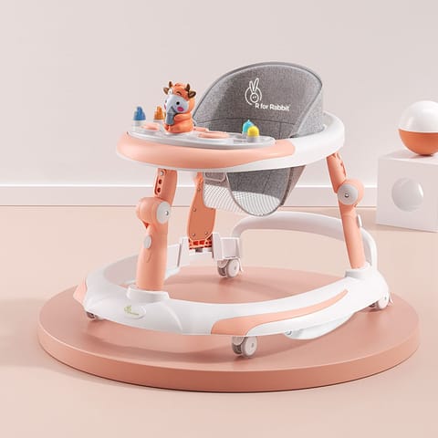 R for Rabbit Little Feet Plus Walker - Detachable Toy Bar/Meal Tray With Music & Light, 3 Level Height/4 Level Seat Adjustment Pink