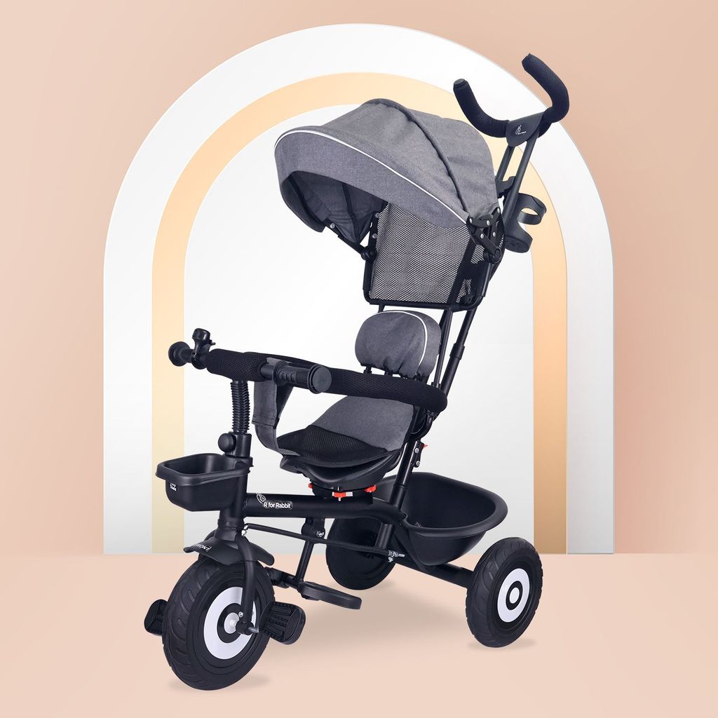 R for Rabbit Tiny Toes T40 Plus Tricycle - Rubber Wheels, 360 Rotatable Seat, Adjustable Canopy, Parental Control, Front & Rear Baskets Grey Black