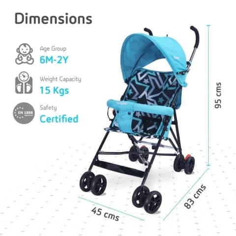 R for Rabbit Kiddie Kingdom Buggy Stroller - Fully Adjustable Canopy, Compact Umbrella Fold, Rear Brakes Blue