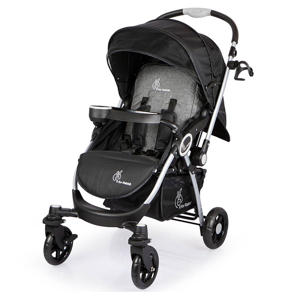 R for Rabbit Chocolate Ride Stroller - Reversible Handle, Multiple Recline Positions, Cup Holder With Meal Tray Black Grey