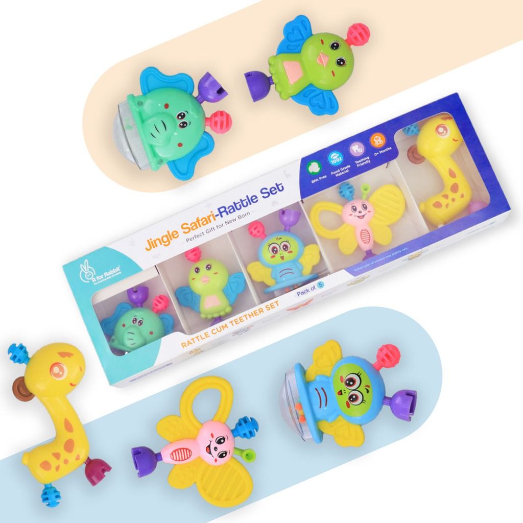 R for Rabbit Jingle Safari Rattles - Set Of 5 - BPA Free