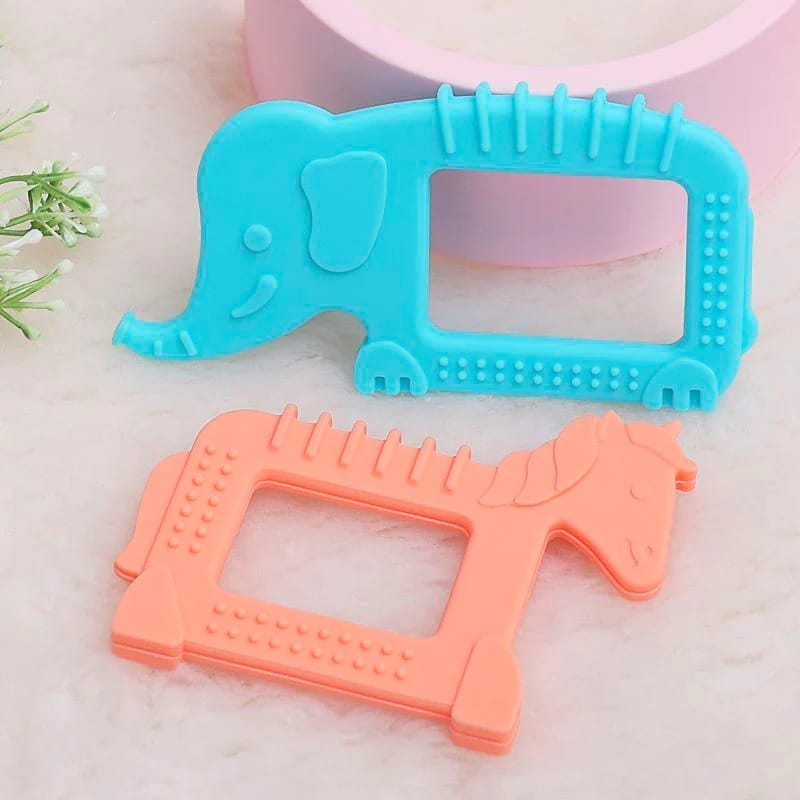 R for Rabbit Tiny Bites Safari - Cute Baby Silicone Teether - Elephant Blue + Horse Orange